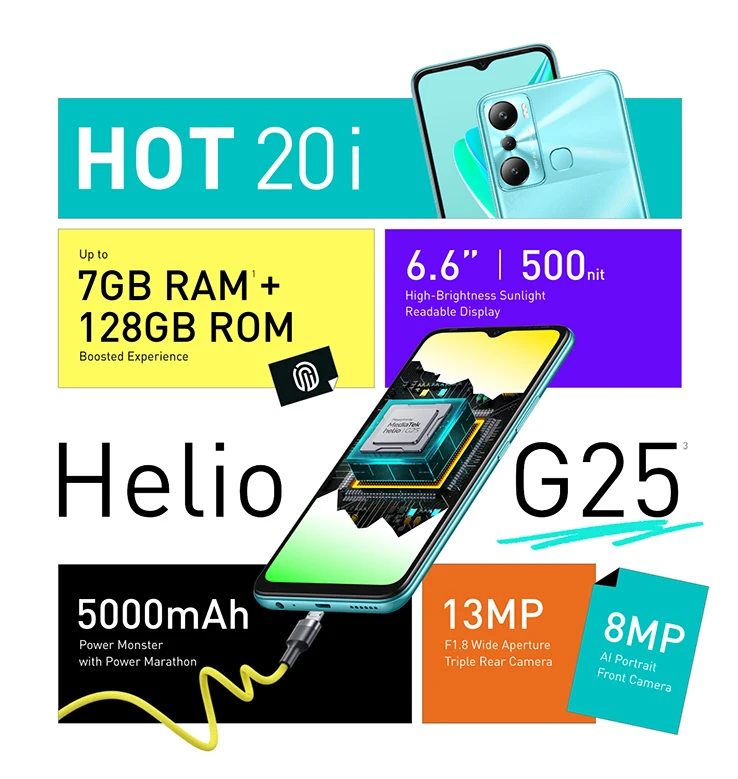 Global Version Infinix Hot 20i X665E 4GB+64GB Smartphone 6.6