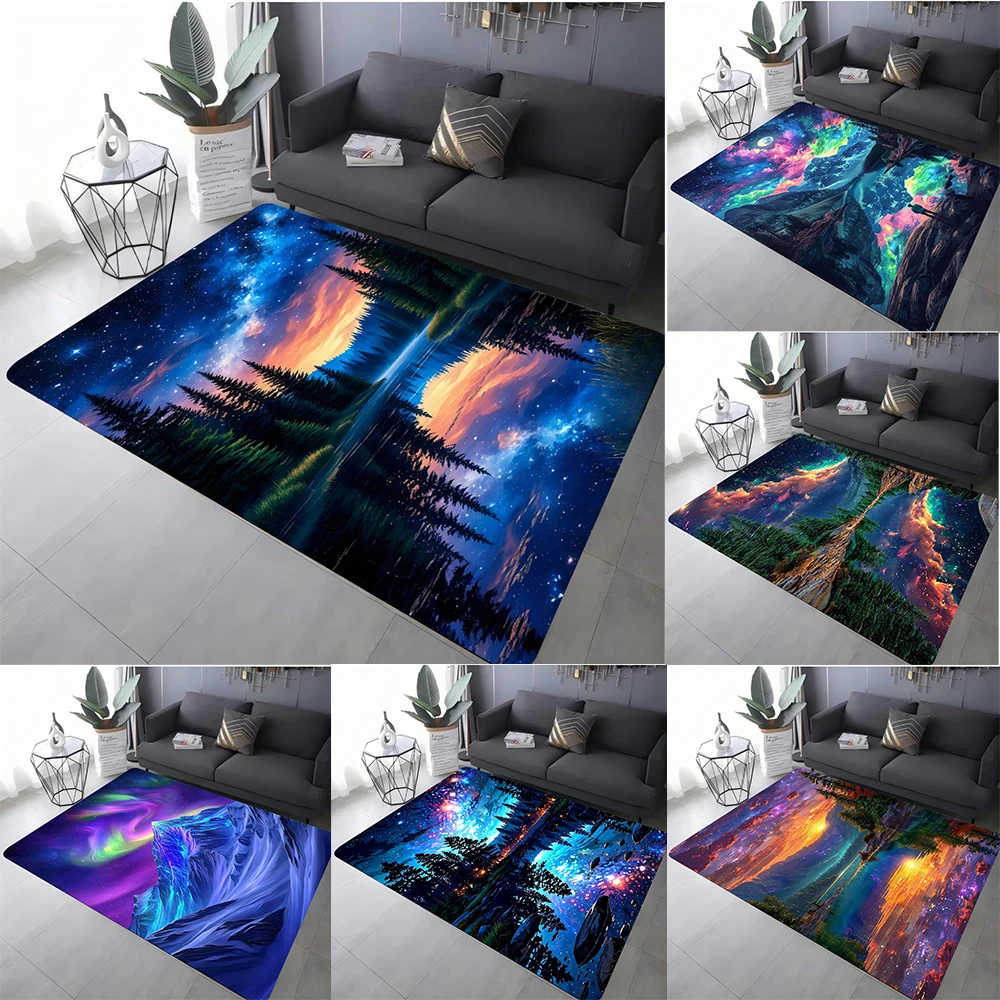 Fantasy Landscape Carpet Various Styles With Starry Sky Aurora Forest Mountain Lake Reflection Art Designs For Living Room Decor