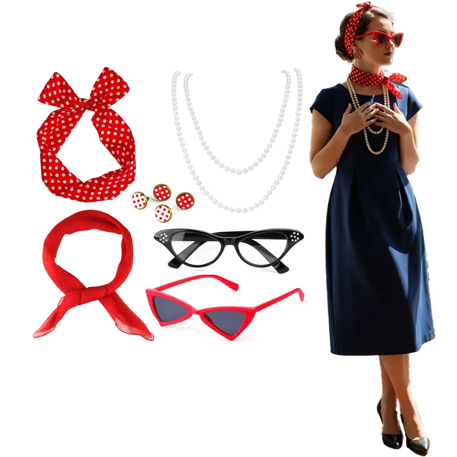 PESENAR accessori per vestire le donne anni '50 occhiali da vestire collana fascia sciarpa di seta orecchini 7 pezzi