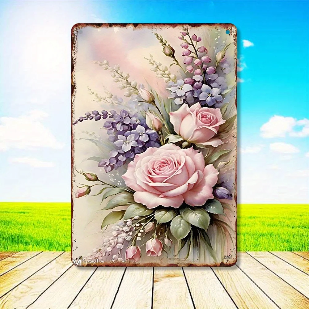 2D Flat, Vintage Floral Metal Wall Art Sign - Pink Roses & Lilac Bouquet with Pastel Background, Rustic Iron 2D Flat Wall Decor