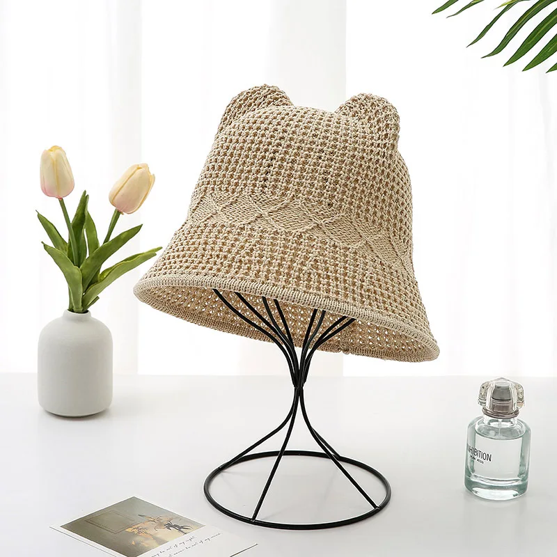 Cat's Ears  Knitted Bucket Hat for Female in Summer Sun Protection Sun Shading Breathable  Straw Hat Casual and Versatile