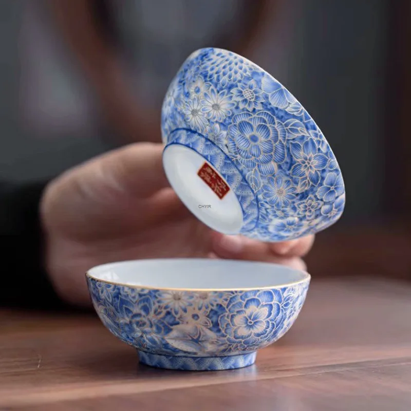 Blue and White Silver Thread Enamel Tea Cup Wide Mouth Single Cup Personal Use Tea Set Ceramic Master Cup Pu'er Tasting