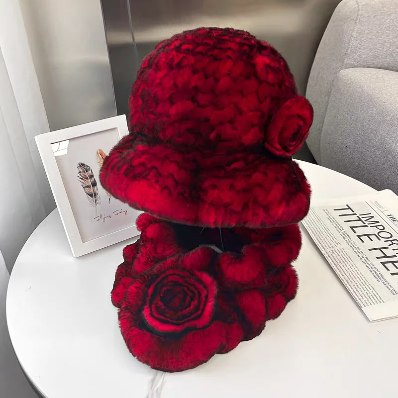 Cappelli a secchiello classici in pelliccia di coniglio peloso Sciarpe con volant Set di cappelli e sciarpe in vera pelliccia di coniglio Rex