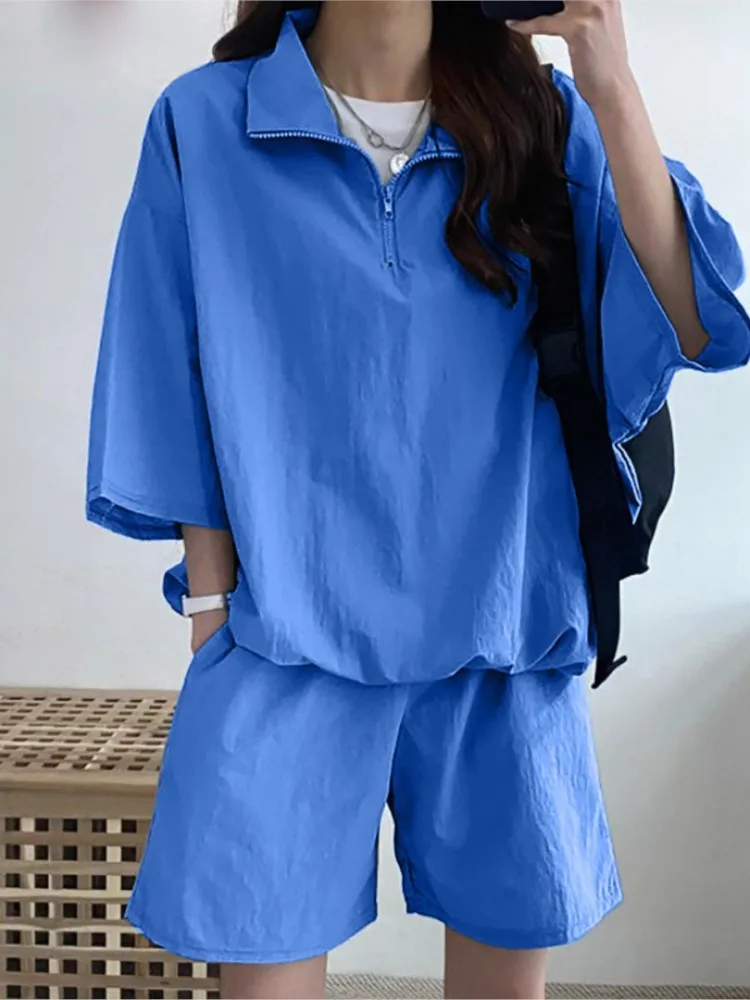 

Women Casual Solid Color Loose Short Pant Two Pieces Sets 2025 Spring Summer Zipper Collar Half Sleeves Shorts 2 Pieces Outfit