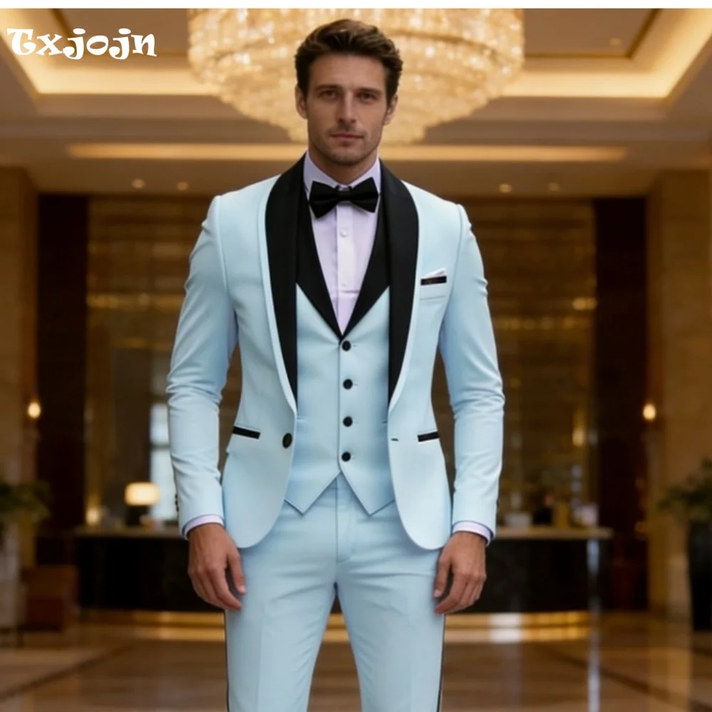 

Elegant Sky Blue Black Shawl Lapel 3Piece Suit Men Slim Fit Great for Business Meetings Corporate Galas Award Dinners Executive