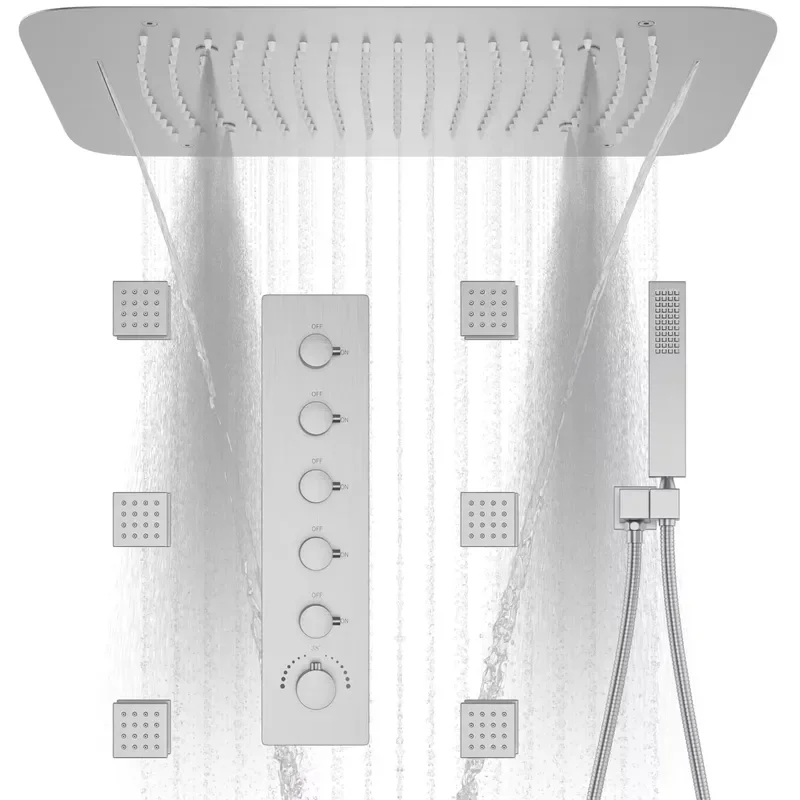 Modern Brass Wall-Mounted Thermostatic Waterfall Bathroom Shower System with Ceramic Valve Core Rain & Jet Spray Faucet Set