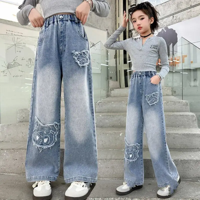 

Популярные джинсы Sanrio для девочек Kuromi Kawaii, модные студенческие весенне-осенние повседневные прямые брюки, детская одежда, новинка