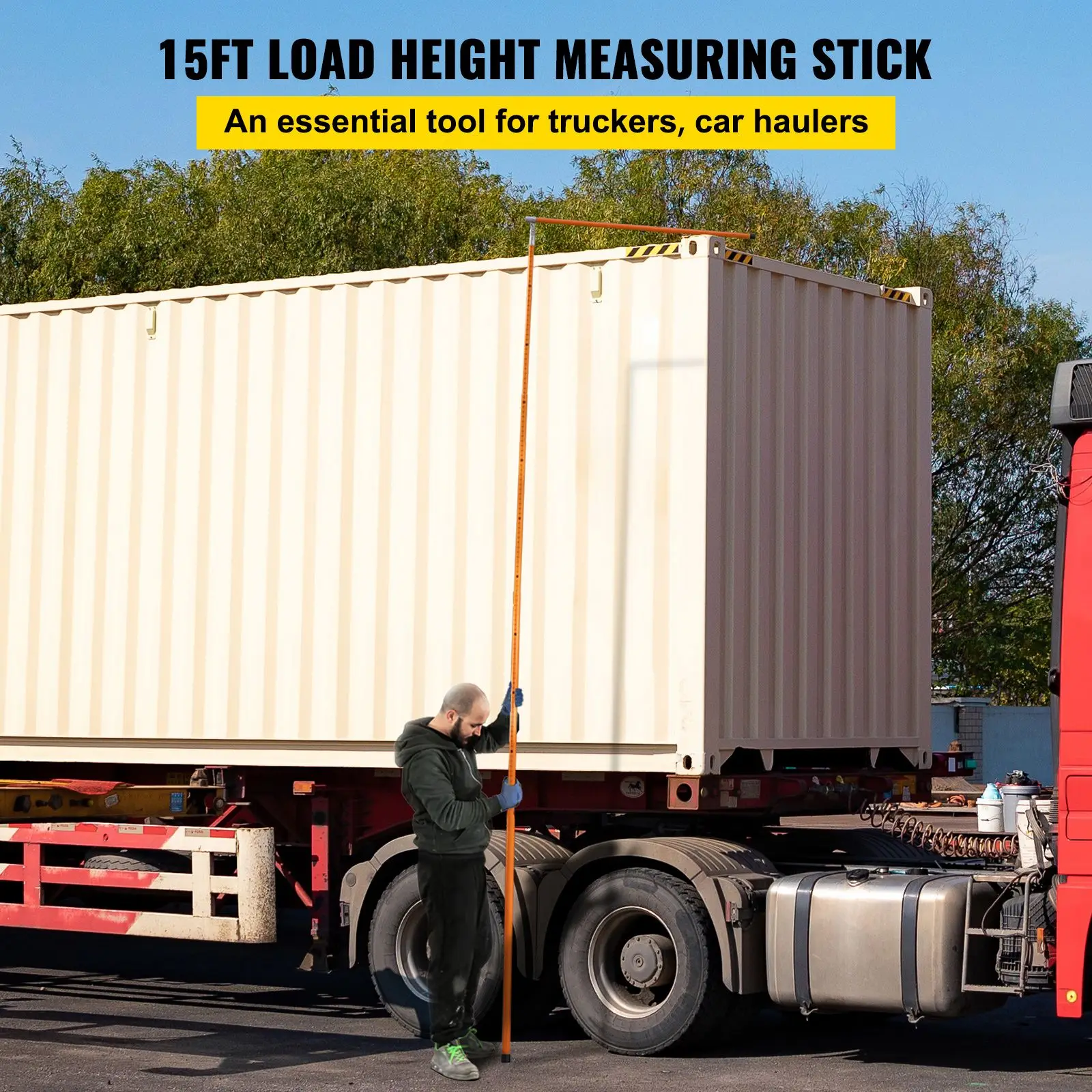 Load Height Measuring Stick, 15\' Sturdy Fiberglass Truck Height Stick with Adjustable Pole, Non-conductive Truck Height