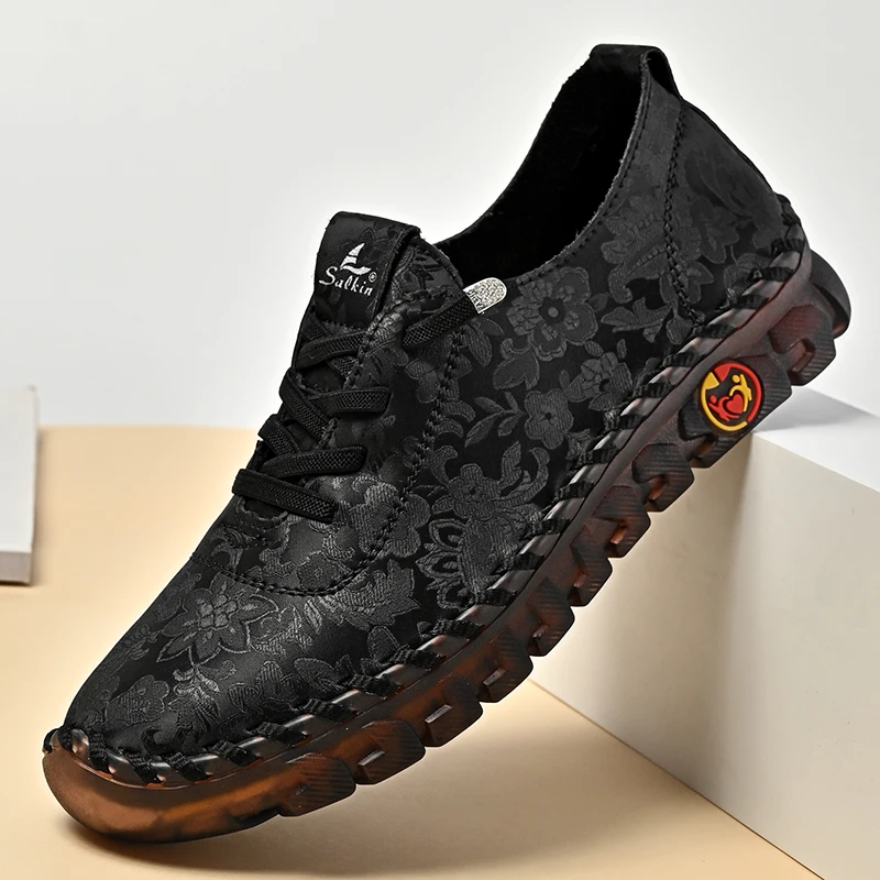 Print Fashion Sneakers Women Hand-stitching Leather Casual Shoes Design Platform Loafers Breathable Flats Shoe Driving Plus Size