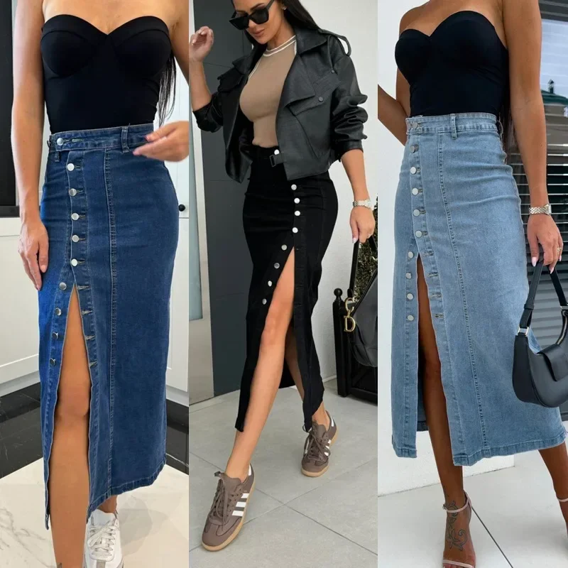 

Women Vintage Denim Skirt Split Irregular High Waist Slim A Line Single Breasted Washed Distressed Sexy Long Skirts Streetwear