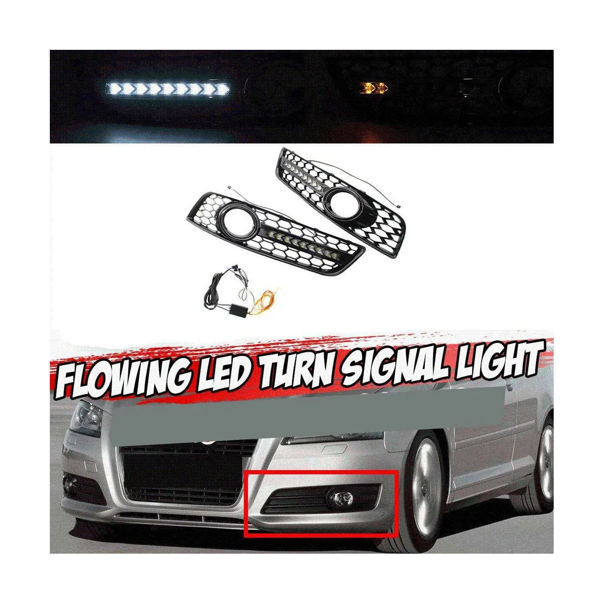 8P0807682D 8P0807681D Honeycomb Fog Lamp Bezel Cover with LED Daytime Running Lights Automotive for Audi A3 8P 2009-2013