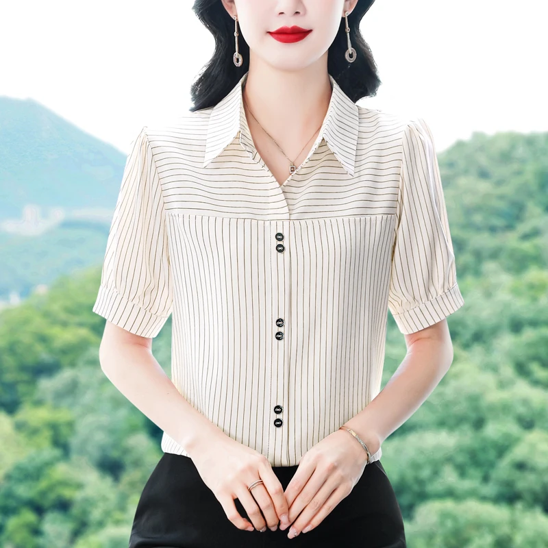 

Винтажные женские блузки, полосатые повседневные рубашки, модная свободная летняя корейская одежда, шифоновые женские топы с короткими рукавами