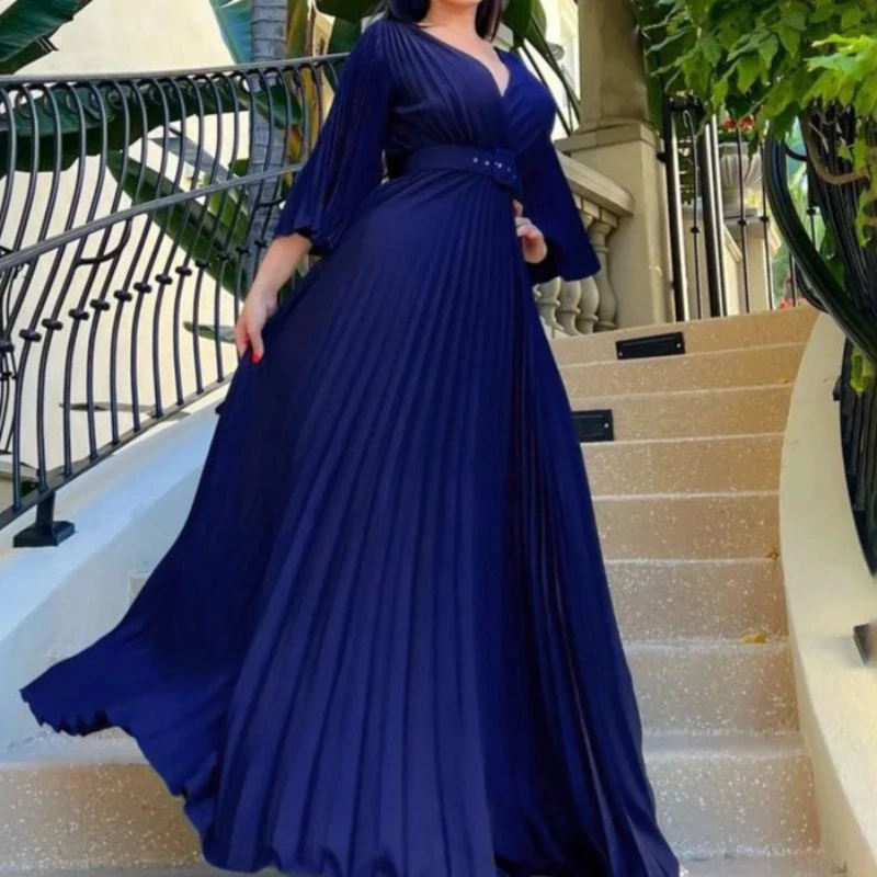 

Womens Deep V Neck Evening Dress Long Sleeves with Belt Maxi Dresses Temperament Sexy Big Swing Pleated Long Dresses 2025 Autumn