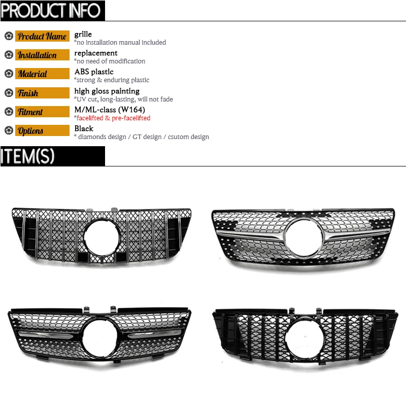 W164 Front Bumper Diamonds & GT Grille for 2005 - 2011 Mercedes M ML Class W164 ML350 ML450 ML550 ML280 ML300 ML320 ML420