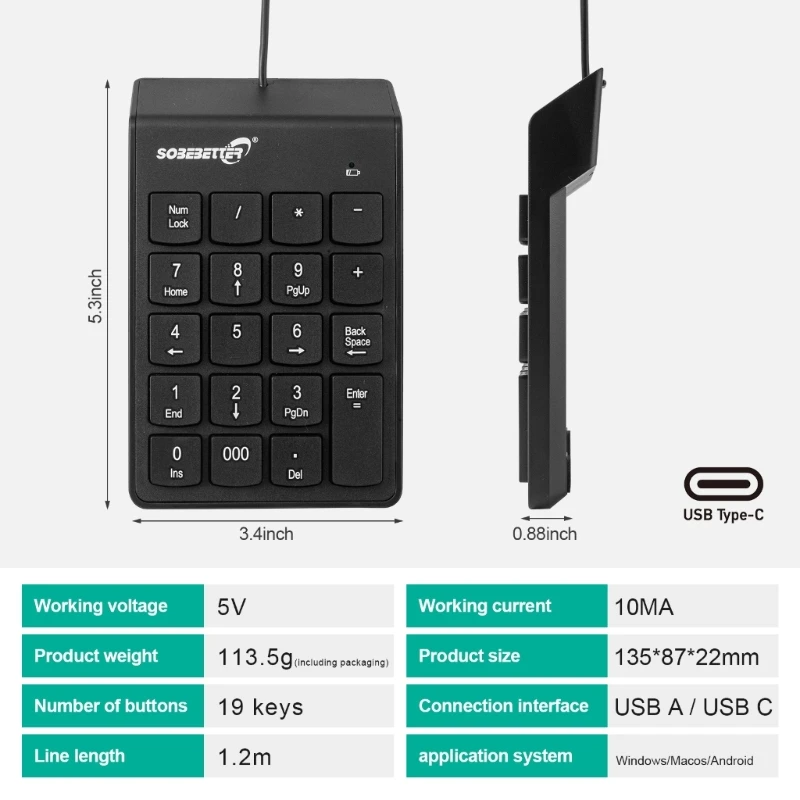 19 키 와이어 기계식 숫자 키패드 유형 C/USB 숫자 패드 금융에 적합