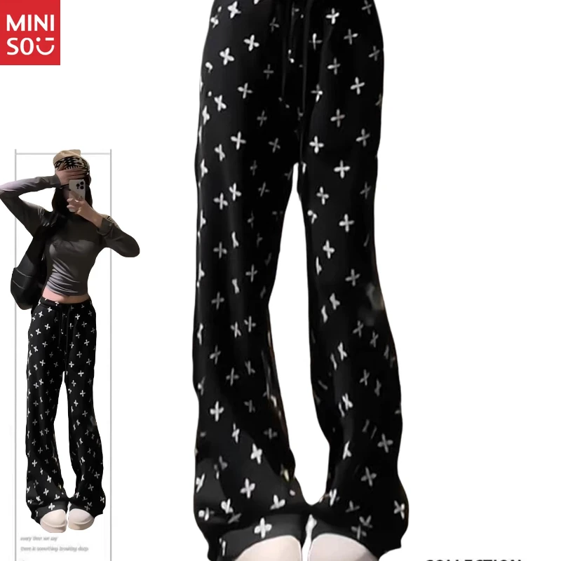 

Корейские брюки для отдыха Miniso больших размеров, брюки с цветочным принтом 2025 года, свободные удобные джоггеры