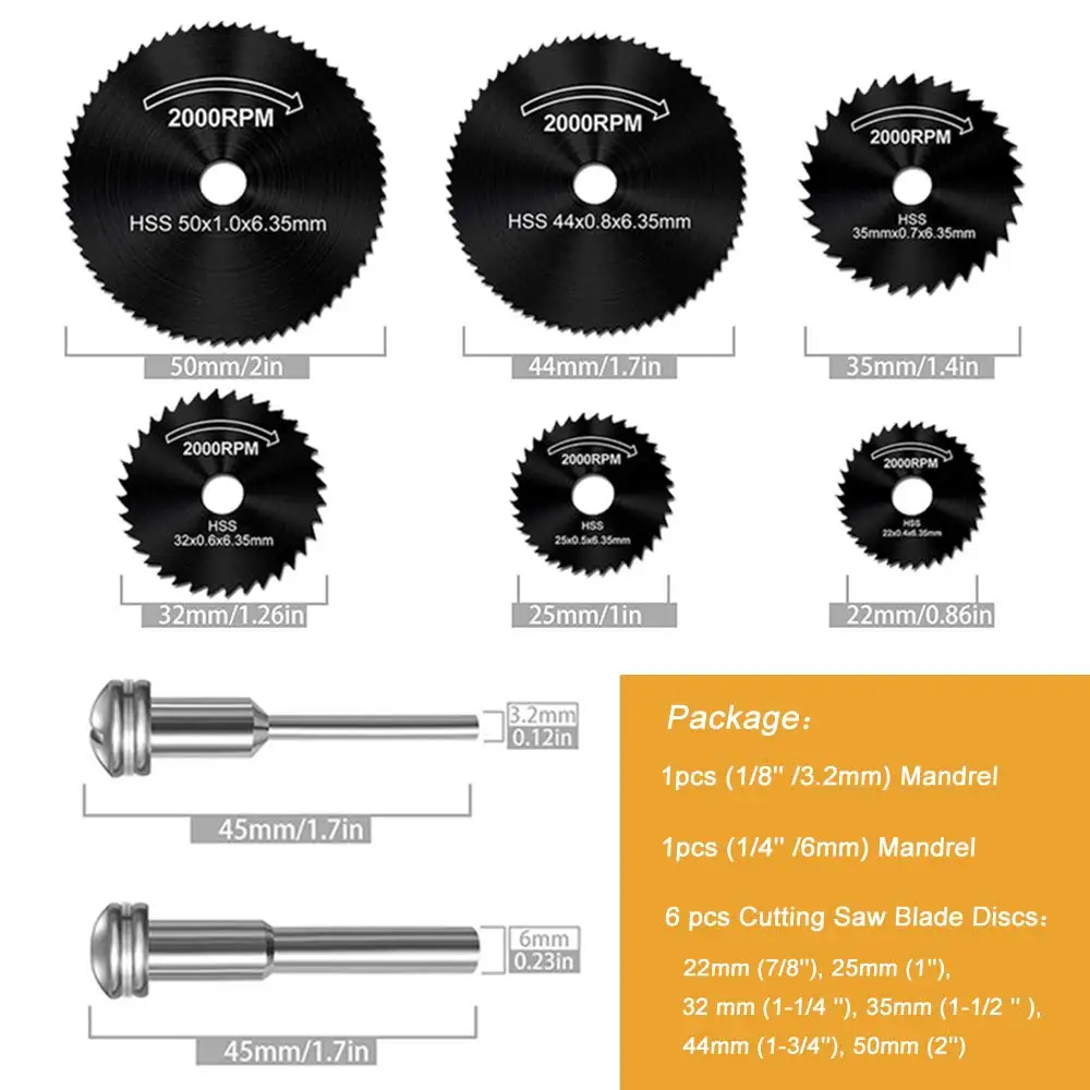 8pc Metal Circular Saw Disc Wheel Blades Shank High Speed Steel Mini Saw Blades with Mandrels Drill Warehouse Rotary Wood Cutout