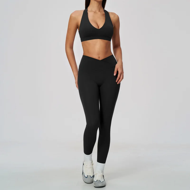 Women 2 Piece Yoga Workout Set Deep V Halter Open Back Sports Bra High Waist Leggings Quick Dry Breathable Gym Pilates Training