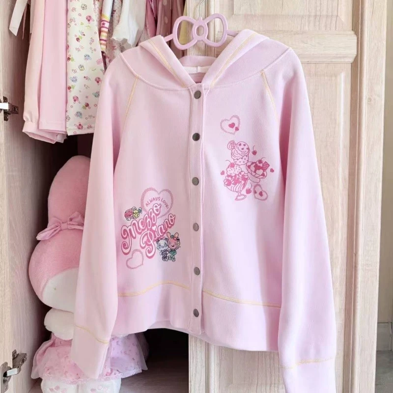 Cute Japanese Printed Cardigan Women Y2K Fairy Grunge Ruffle Patchwork Outerwear Sweet Lolita Harajuku Style Daily Casual Outfit