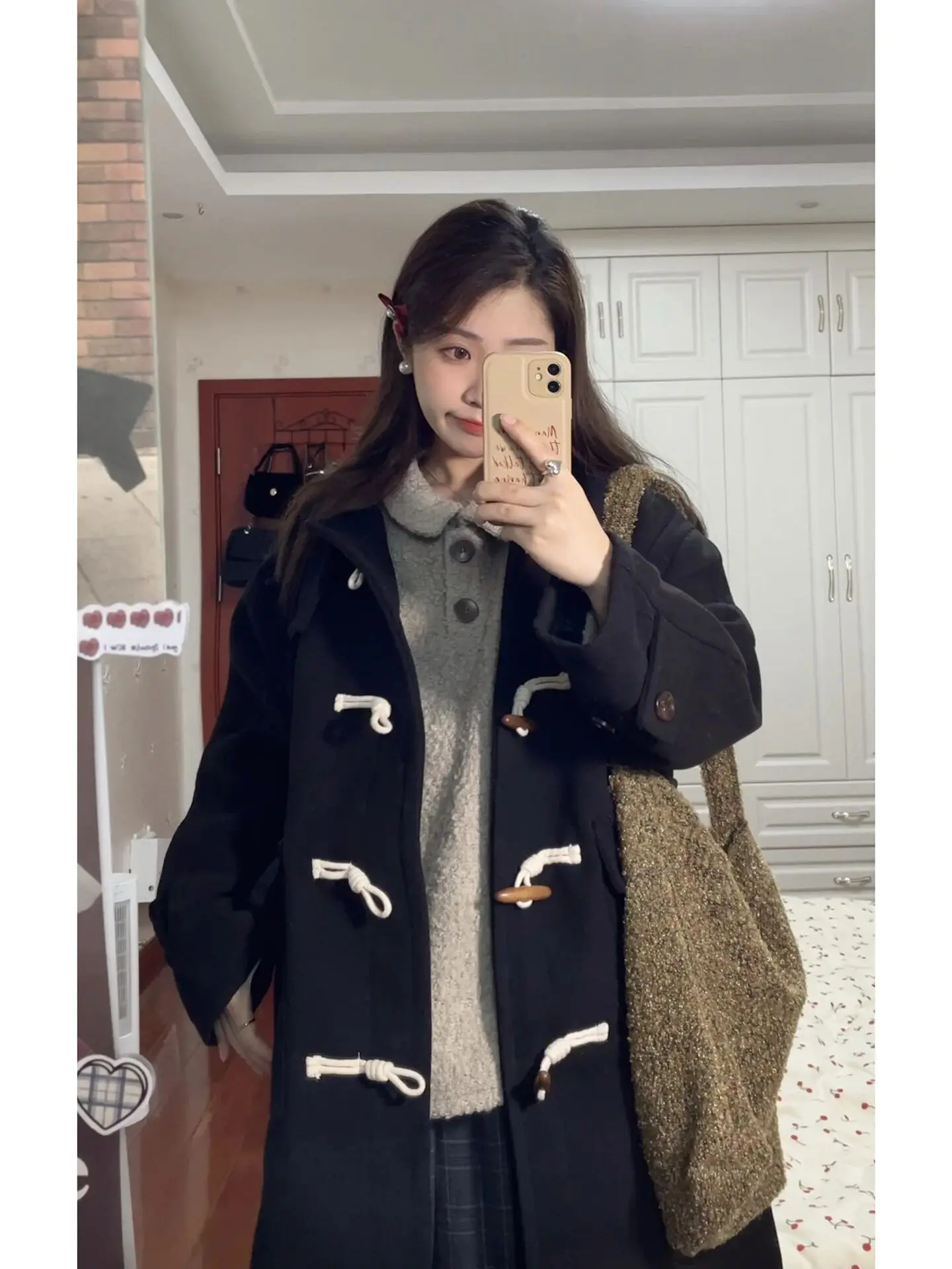 Bla casaco de lã com chapéu de comprimento médio feminino sle versão coreana botão design outono inverno nova chegada faion tendência