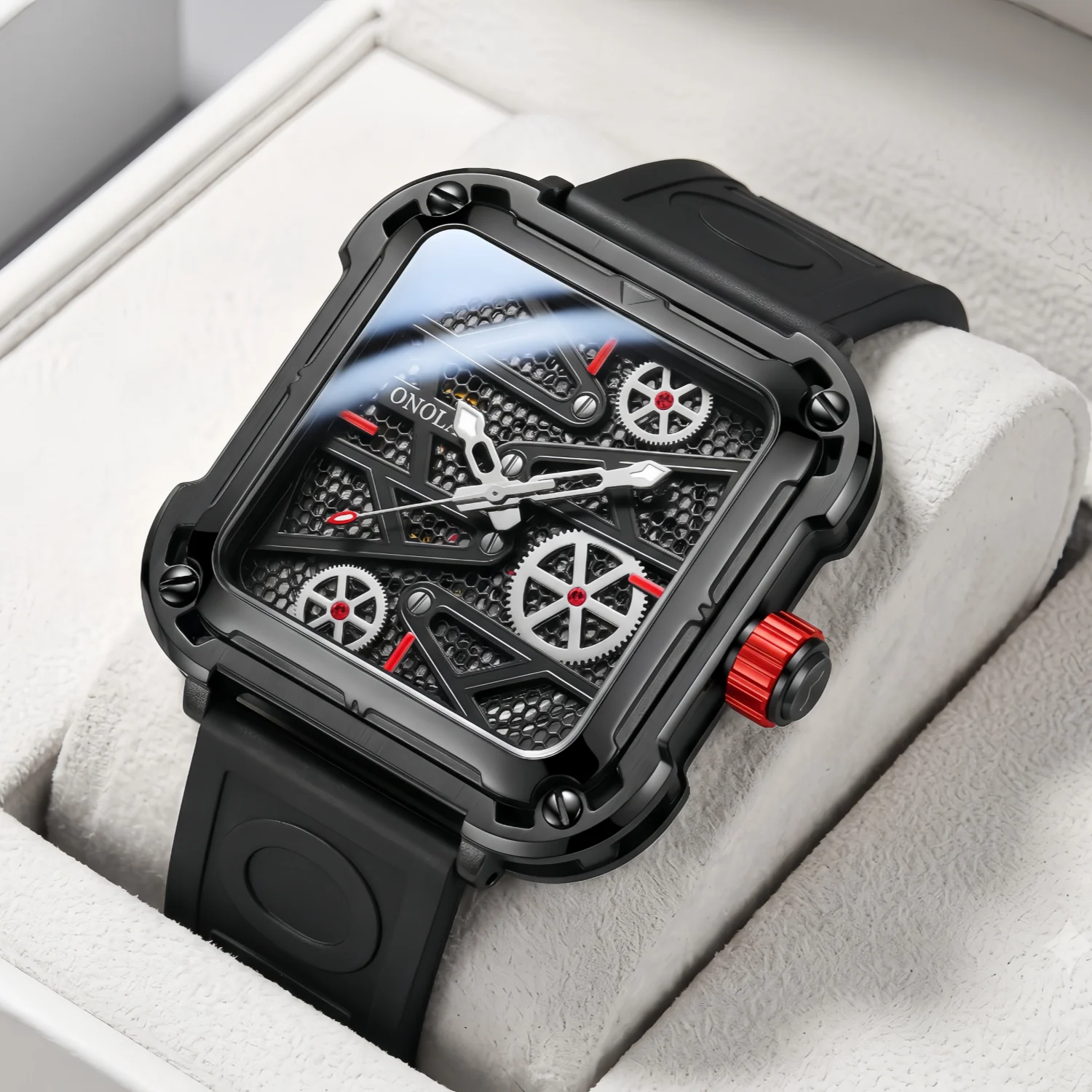 ONOLA Men's Fashionable Mechanical Watch, Square Alloy Case, Mesh Hollow Dial, Suitable for Daily Outings and Social Gatherings