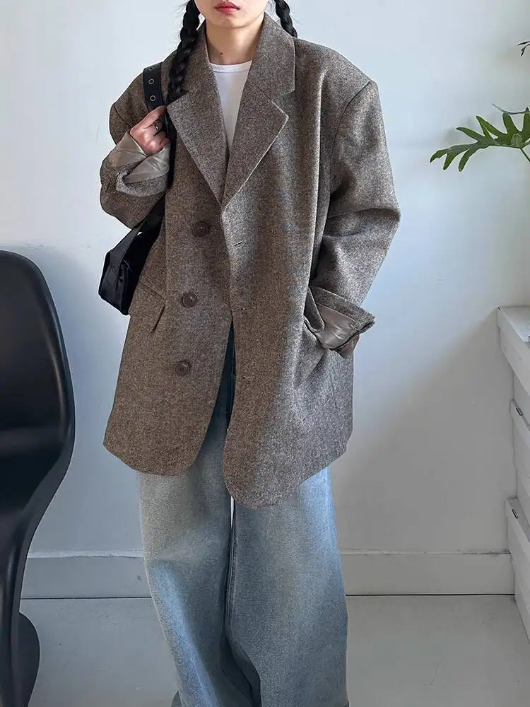 HUISONG 30% الصوف خمر المال القديم نمط مبطن الكتف المعتاد السترة المرأة الجديدة فضفاضة رداء غير رسمية الكورية الخريف الشتاء jigggl