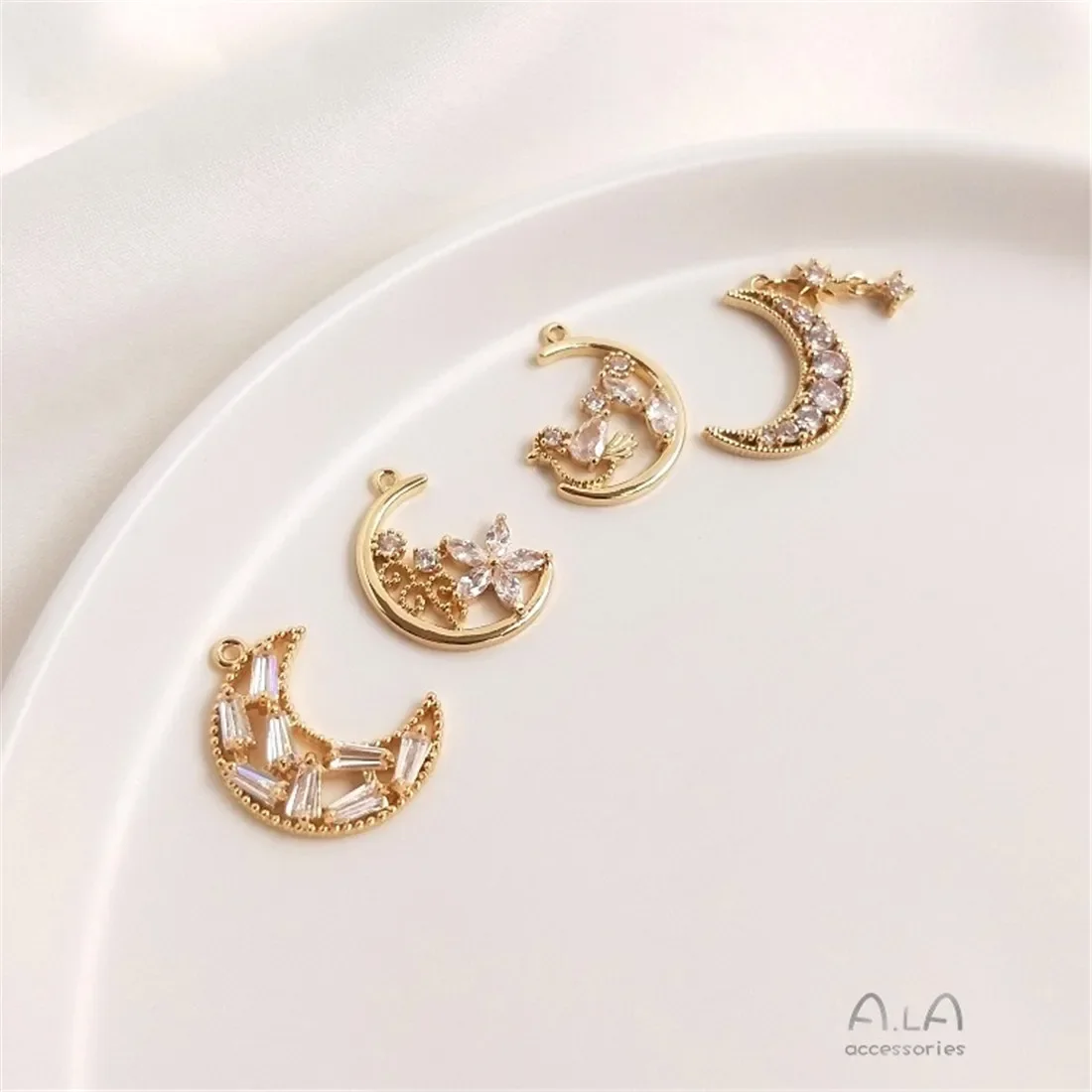 14K Gold Inlaid Zircon Star Moon Pendant, Flower Vine Bird Crowing Branch Earrings, DIY Handmade Charm Jewelry Accessories D012