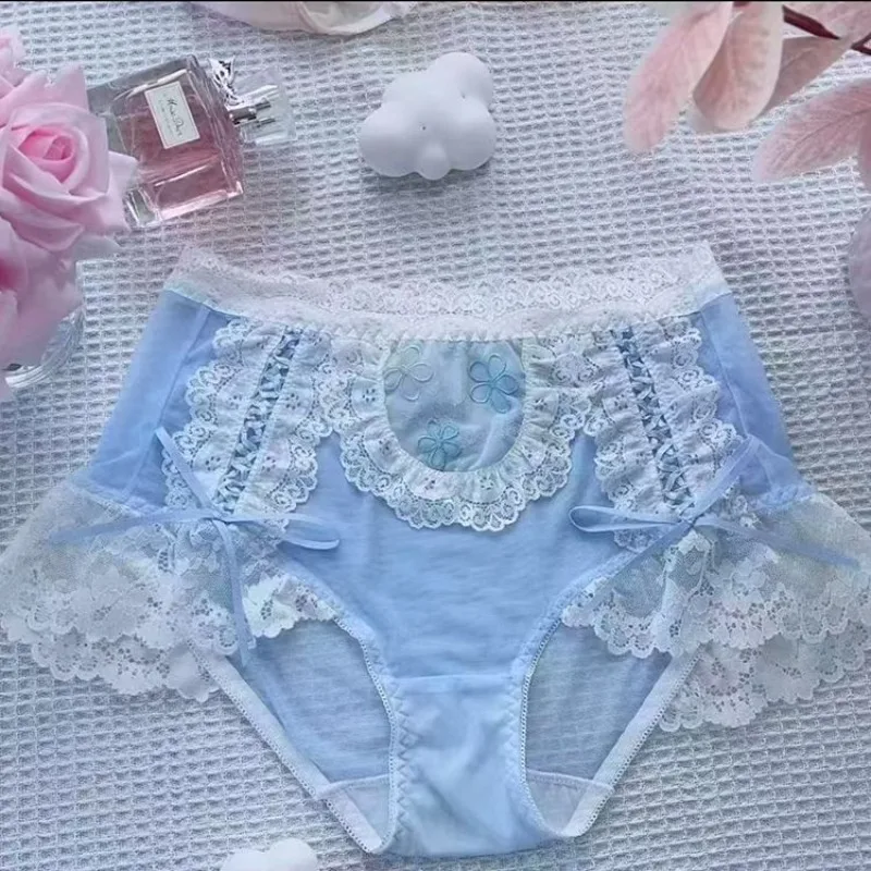 French Bow Lace Embroidered Pure Desire Underwear Women's Fattened High Waist Sexy Hollow Mesh Briefs Smooth and Soft Panties