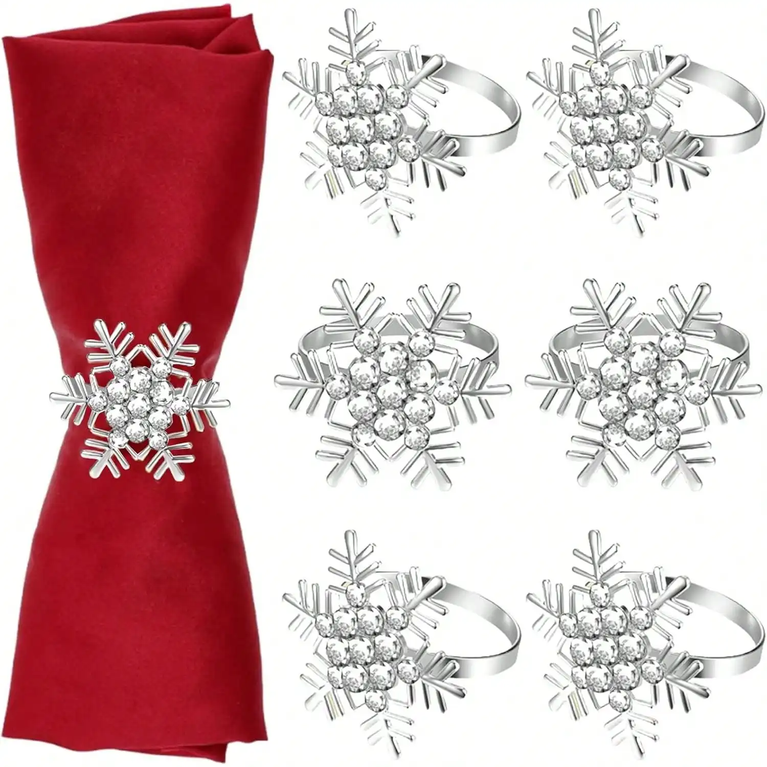 6 Pcs Christmas Snowflake Napkin Rings Metal Rhinestone Snowflake Napkin Holder Ring For Winter Xmas Holiday Party Dinner Birthday Wedding Banquet Dinning Table Décor ()