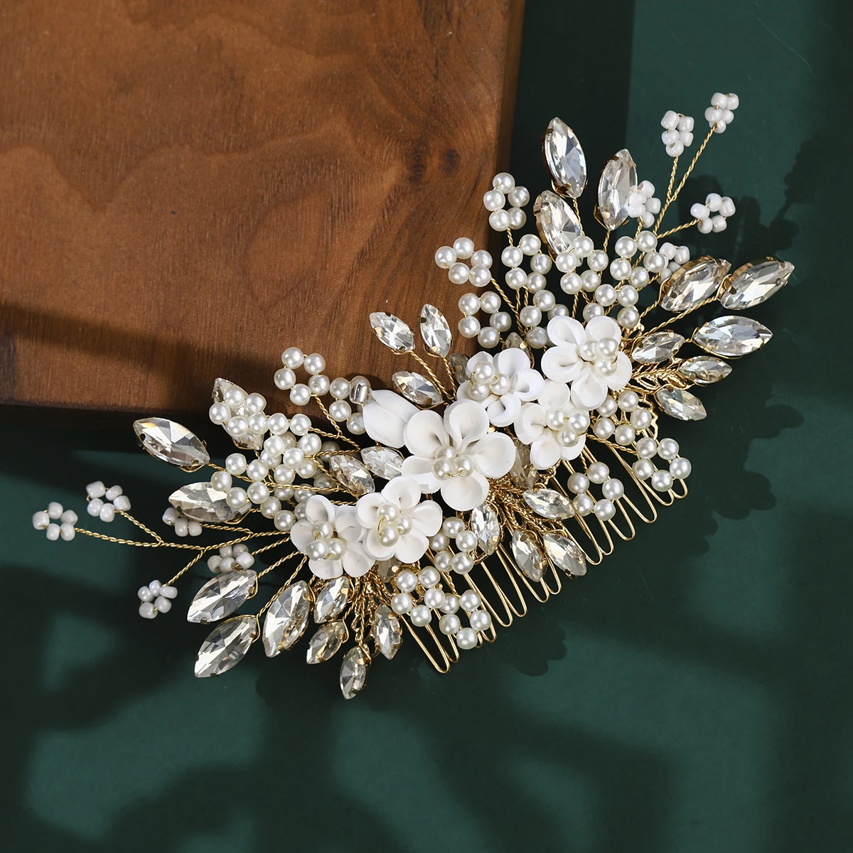 Gold Leaf White Soft Ceramic Metal Hair Comb Classic Flower Bridal Pearl Insert Comb Side Clip Wedding Hair Accessories Headdres image 2