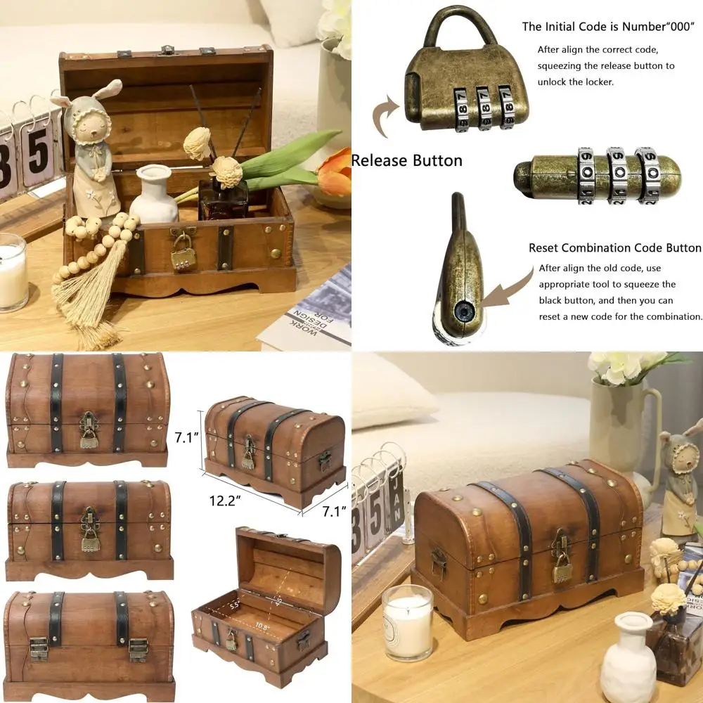 

Antique-Style Wooden Locking Treasure Chest, 12.2x7.1x7.1, Brown Decorative Storage Box