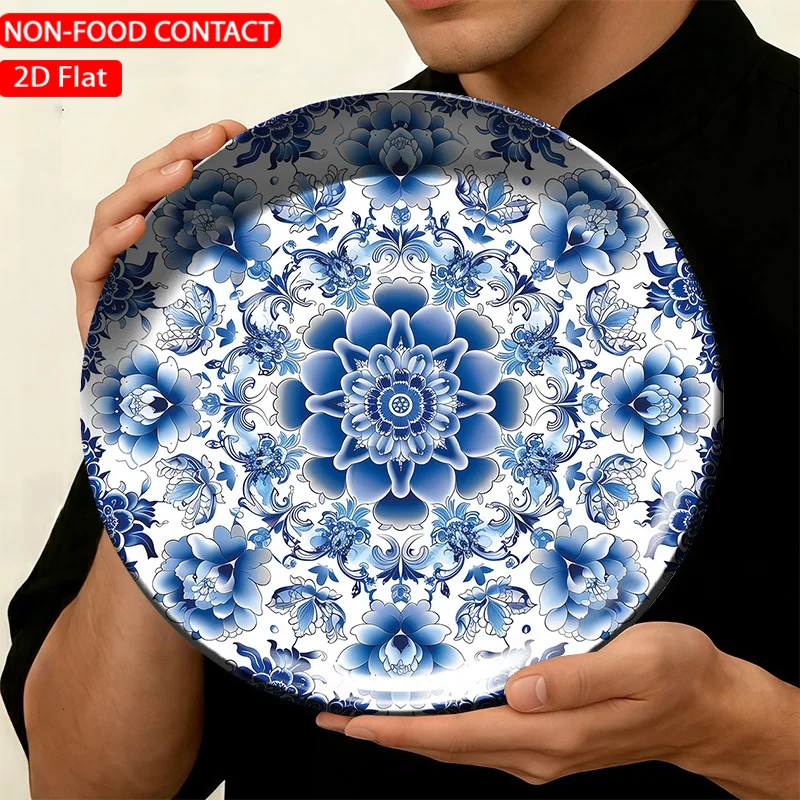 1pc Ceramic Decorative Plate, Blue Floral Art Decorations, Wall Home Decor- for Decorative Purposes Solely, NON-FOOD CONTACT-