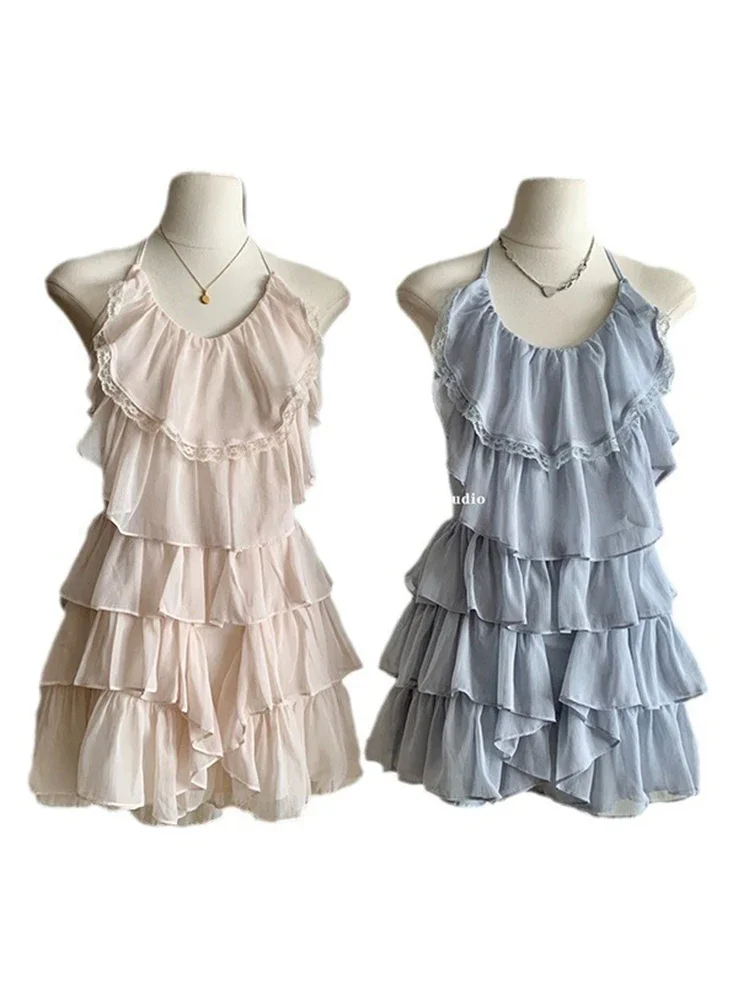 Summer Ballet Core Tierred Ruffles Sweet Gyaru Prom Gown Spaghetti Strap Mini Chiffon Dress Women Evening Frocks One-Piece Party