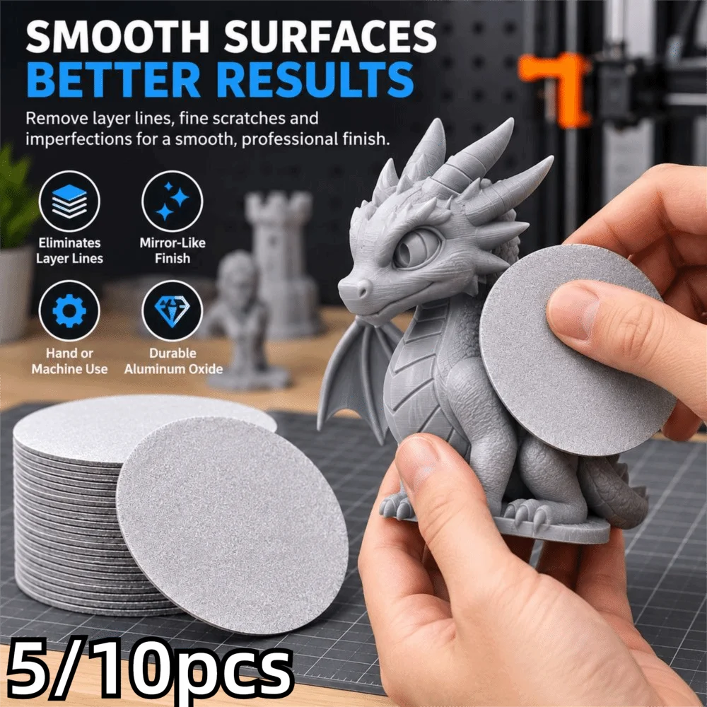 5/10pcs 1200 Grit 5 Inch Layer Line Remover Scratch Removal 3D Printed Compatible Surface Prep Disc Seam Cleaning PLA Compatible