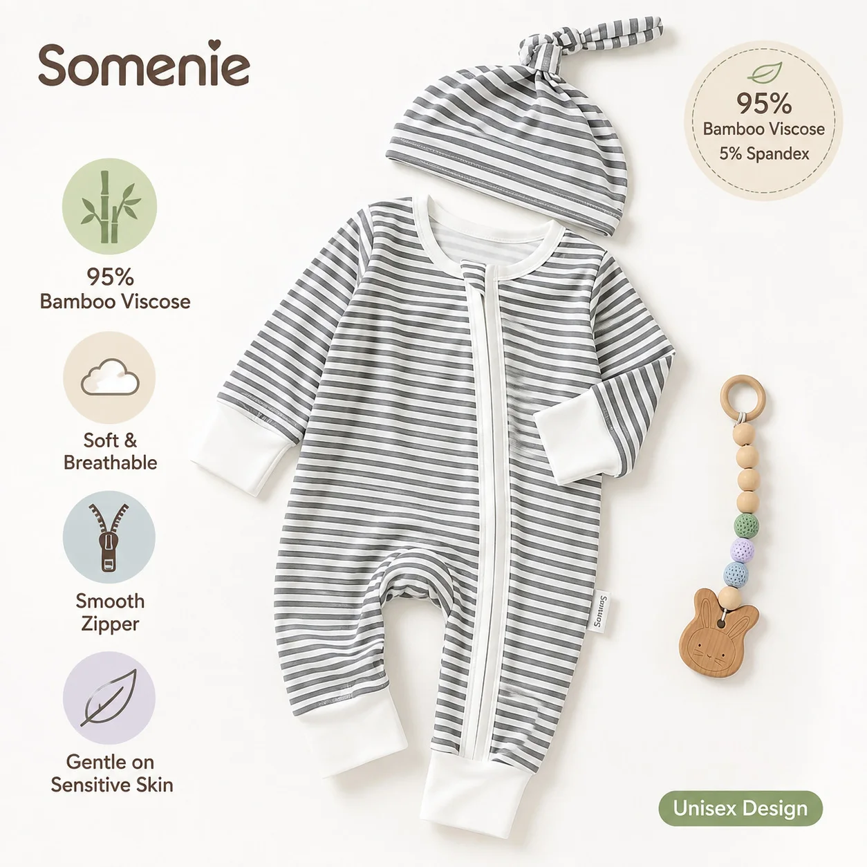 Somenie Newborn Long Sleeve Romper Zipper with Knotted Hat Set Spring Autumn Baby Jumpsuit Outfit 0-18M