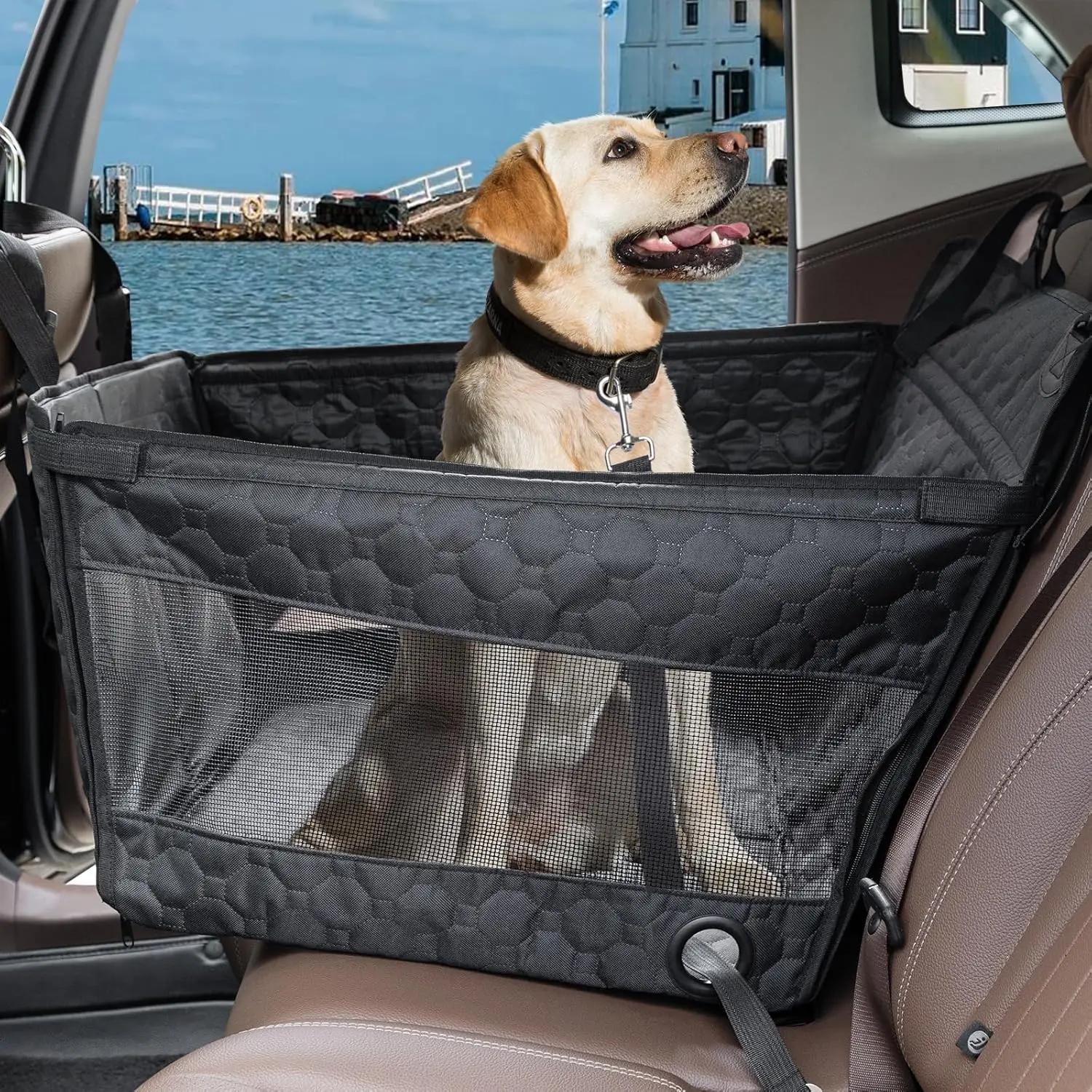 

Dog Car Seat for Medium Large Dogs, Foldable Pet Seat with Safety Belt, Waterproof & Breathable Mesh, Back Seat Cover for