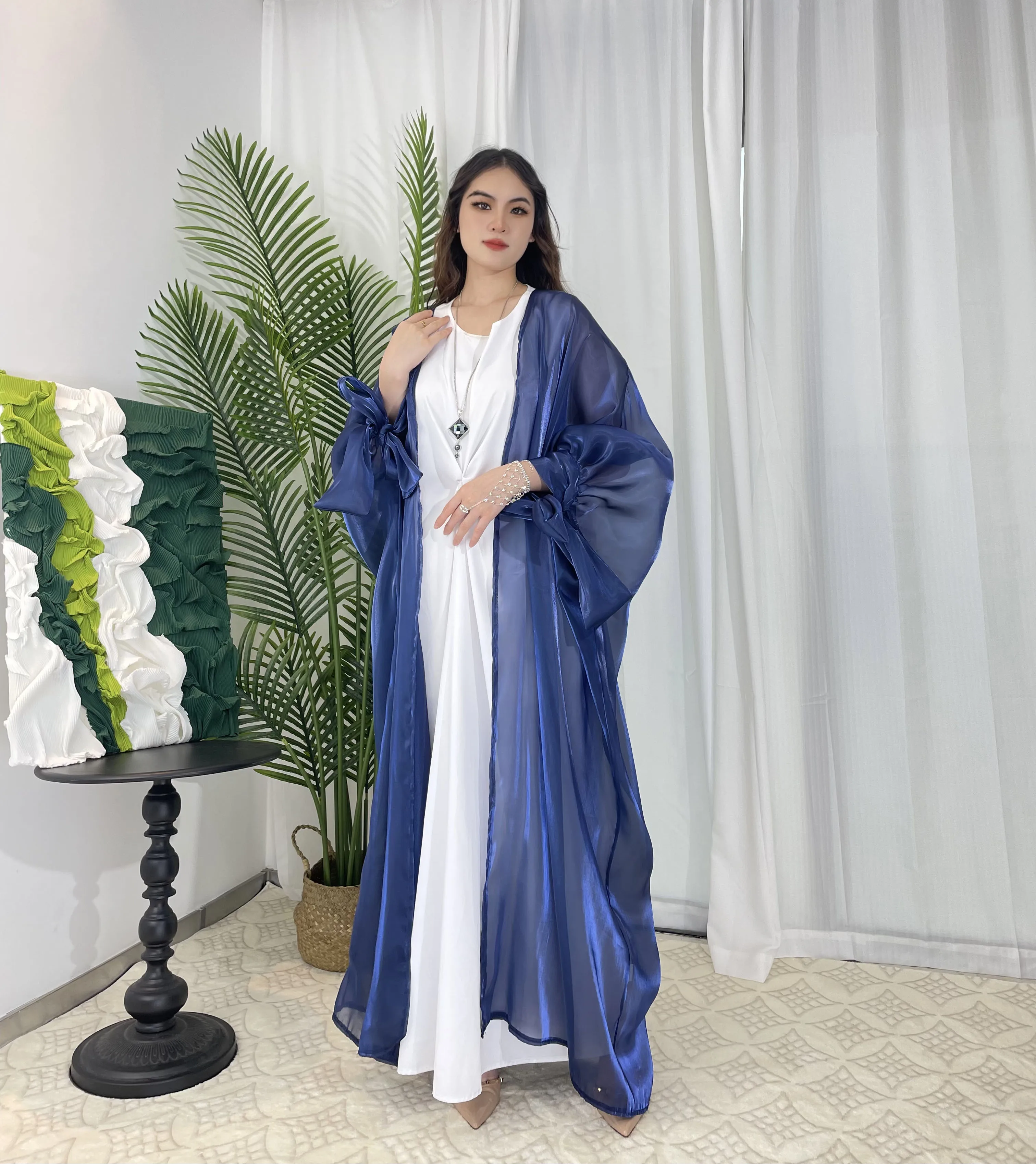 Open Abaya Organza Abaya Glanzende Zijde Abaya Moslim Lange Vrouwen Jurk