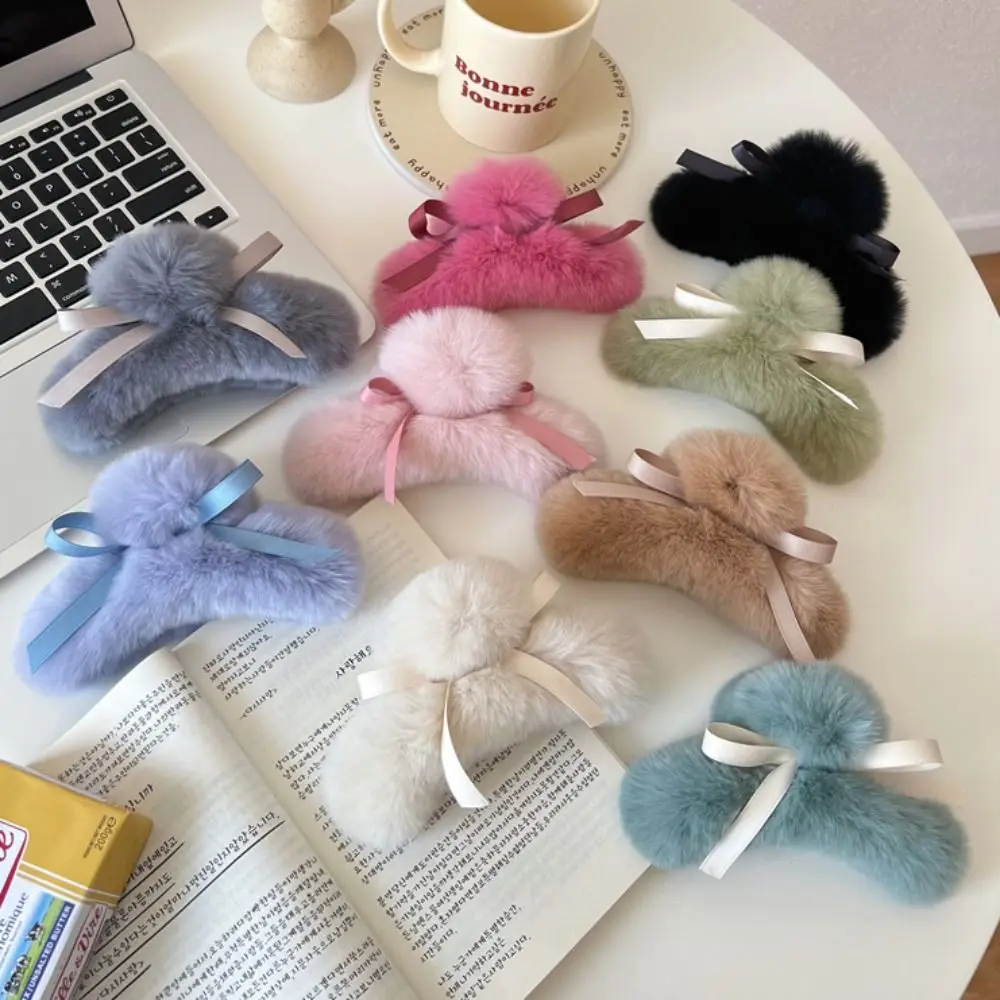 Creative Grab Clip Plush Hair Claw Cute Girl Headwear Bow Hair Clip Rabbit Fur Headdress Bowknot Hairpin Daily image 2