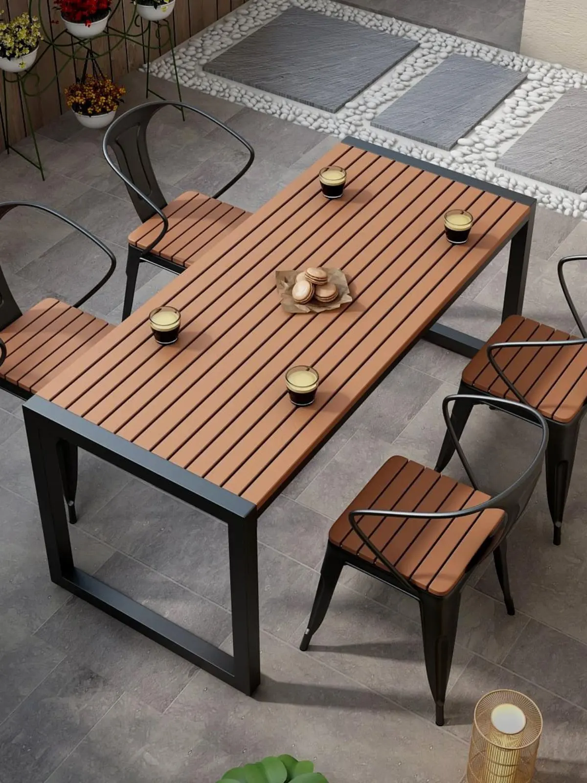 

Balcony Terrace Long table and chair combination Plastic wood outdoor dining table Milk tea shop BBQ shop Outdoor