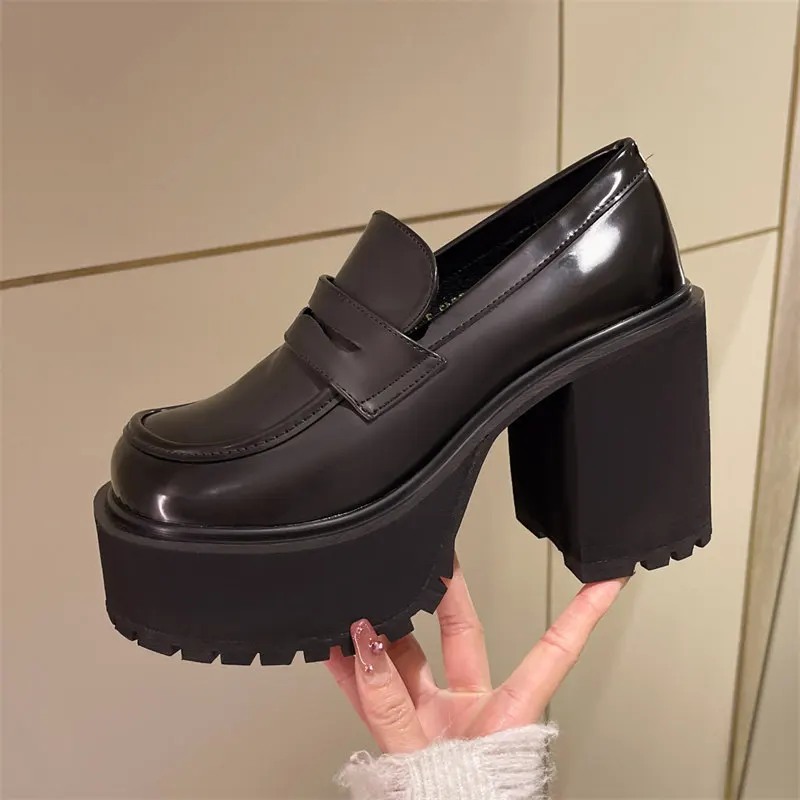 Chunky Platform Loafers Heel Patent Leather Slip On Casual Shoes Women Lady Office Shoes Japanese Lolita Black Heels 2024