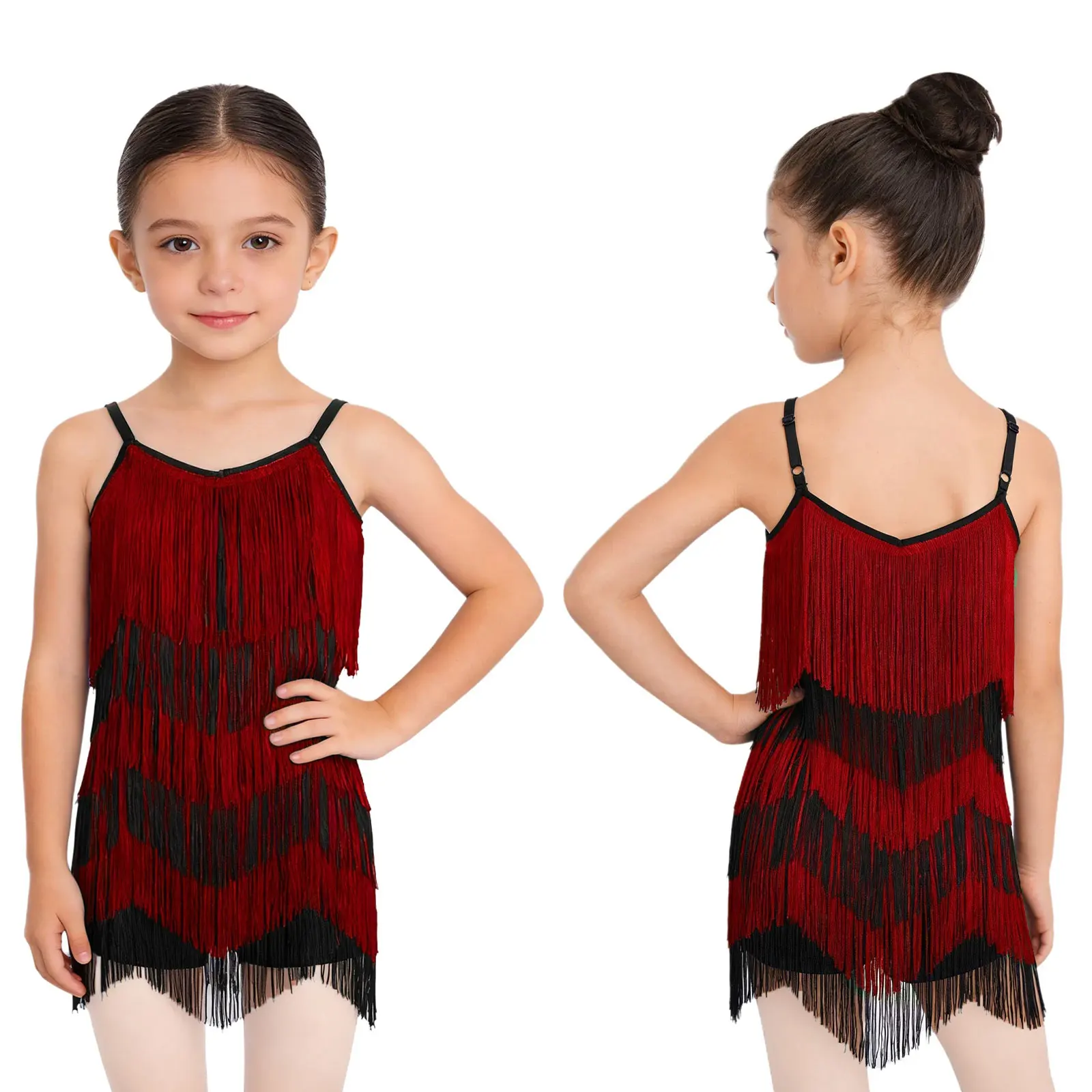 Kids Girls Vintage Disco Tassel Jumpsuit Shiny Sequin Patchwork Sleeveless Tiered Fringe Rompers Latin Dance Performance Clothes