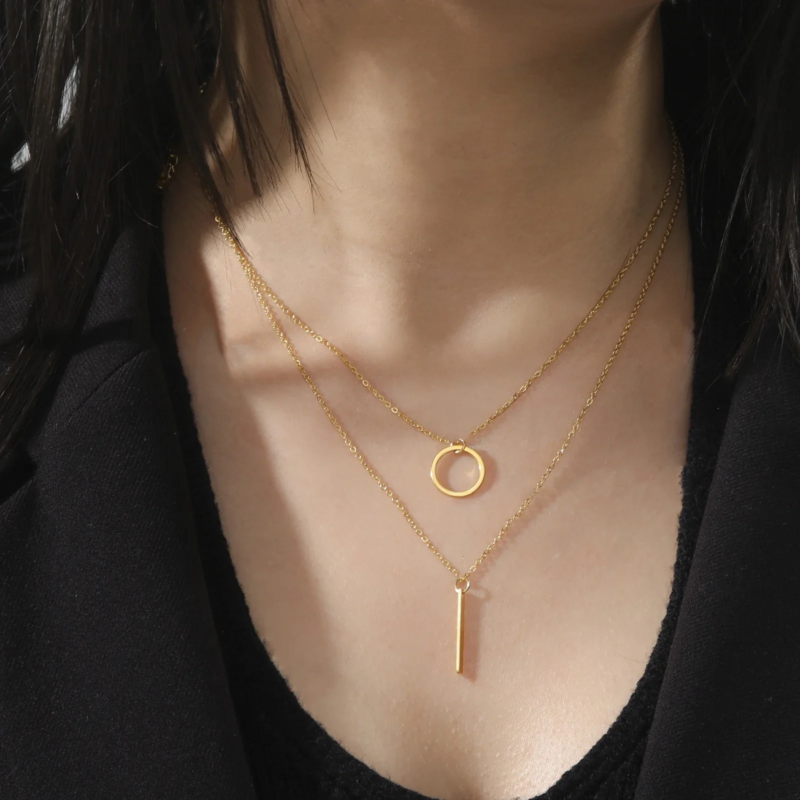 Skyrim Simple Double Layers Geometric Round Pendant Necklace for Women Stainless Steel Gold Color Jewelry on the Neck