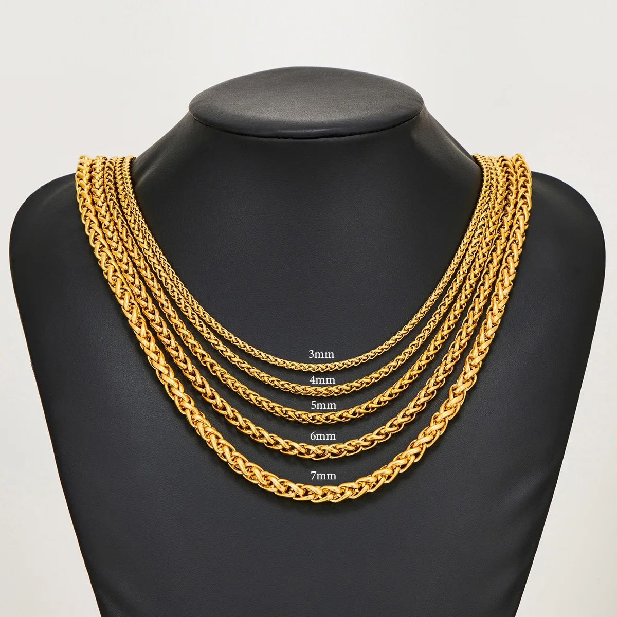 HIYEE Thickness 3/4/5/6/7/8mm Gold Color Wheat Braided Stainless Steel Necklace Link Classic Curb Chain for Men Women Jewelry