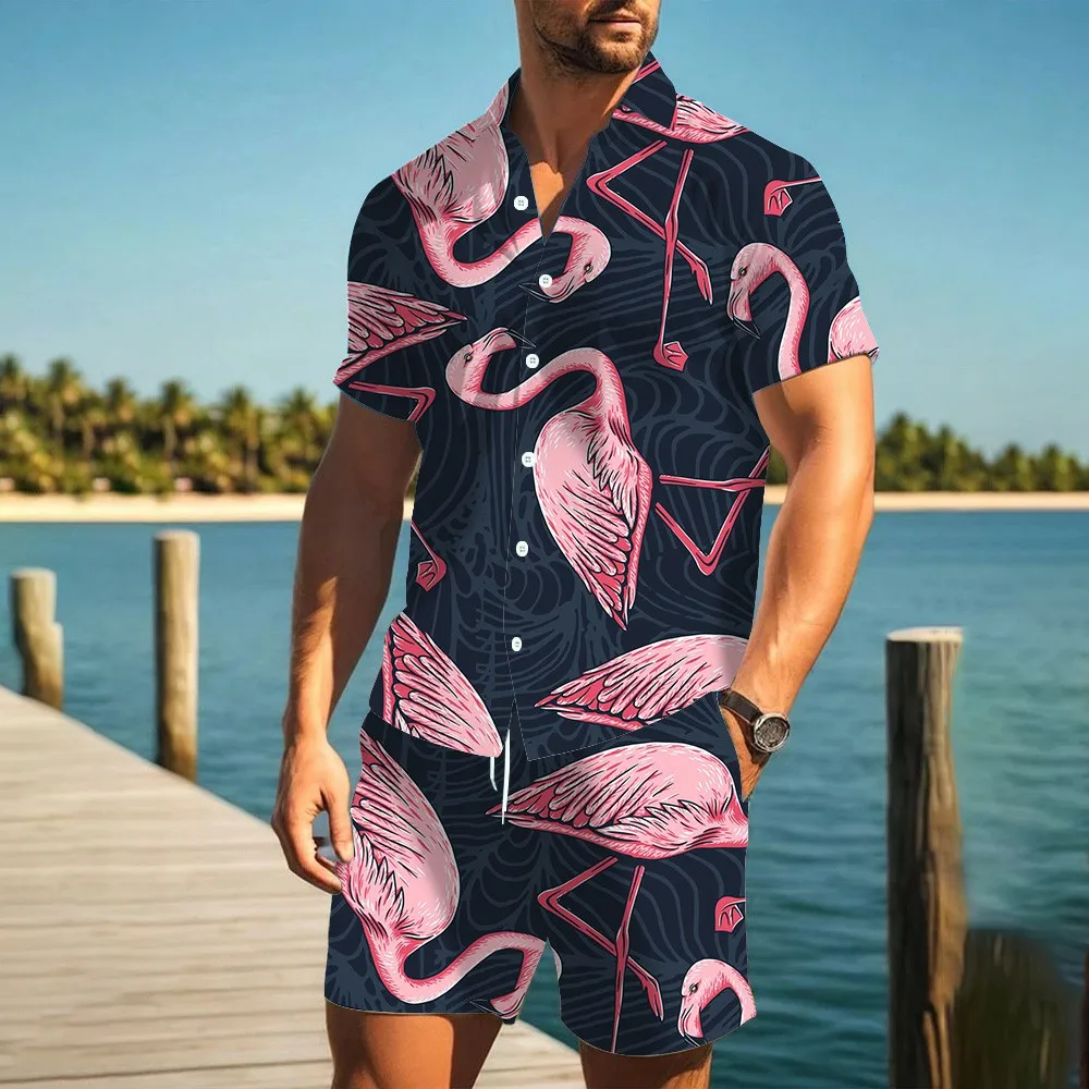 Summer Flamingo 3D Print Men Shirt Sets Short Sleeve Shirt Oversized Casual Beach Shorts Streetwear Hawaiian Suits Clothes