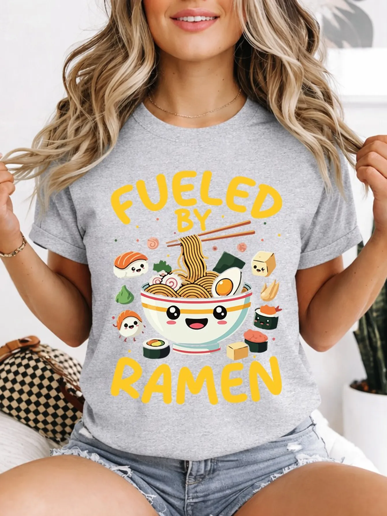 Cute Fueled By Ramen Cartoon Noodle Sushi Bowl Kawaii Art Print Graphic Ladies T Shirt Short Sleeve Crew Neck Casual Tee Tops