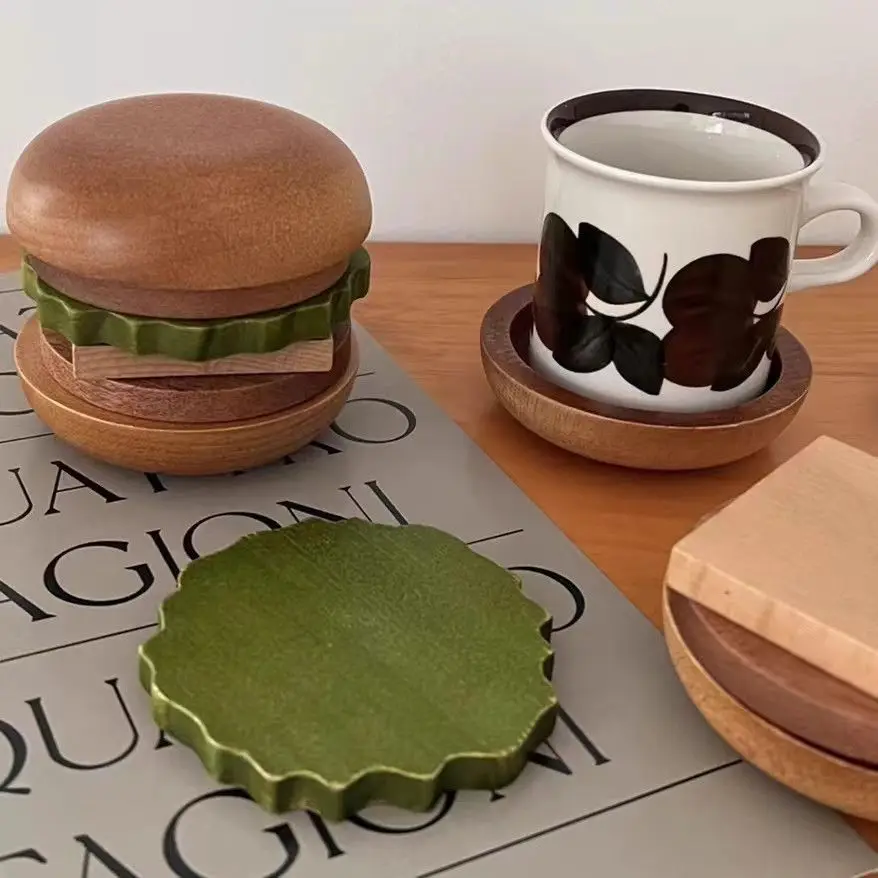 

Hamburger Wooden Coasters Set of 6，Heat Resistant Pad & Table Decor，Heat Resistant Table Mats，Novelty Gift