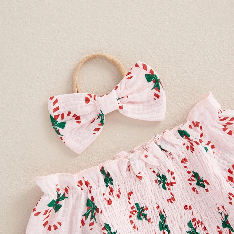 Baby Girl Christmas Outfits Long Sleeve Candy Cane Print Smocked Bodysuit with Headband 2 Pieces Set Infant Clothes