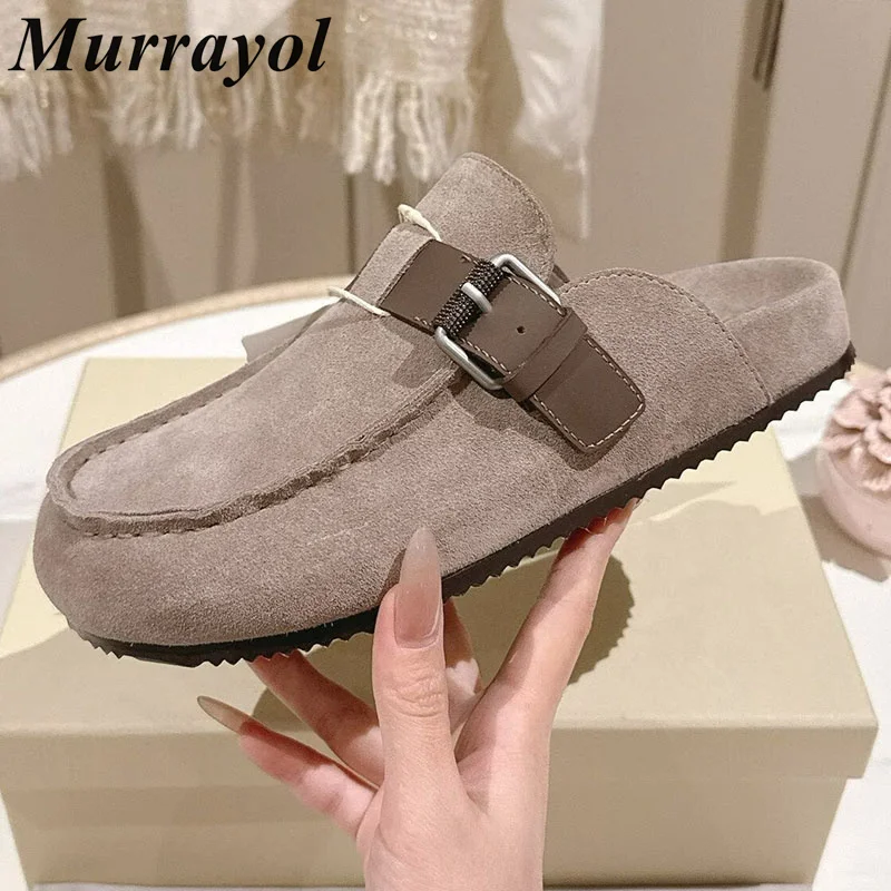 

Closed Toe Slippers Women's Cow Suede Bead Belt Buckle Half Slippers Summer Flat Bottomed Lazy Mules Versatile Single Shoes