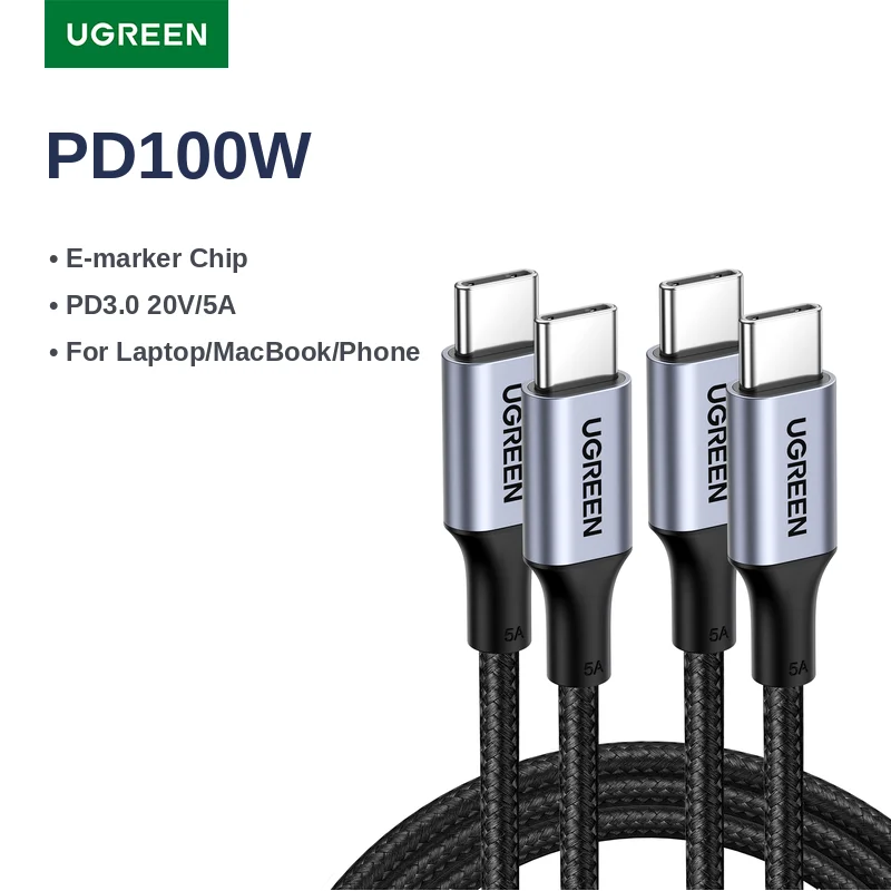 [2 Pack] UGREEN PD100W USB C Cable 5A Type C Fast Charger Cable for Samsung S26 iPhone 17 Laptop MacBook Dell HP QC 4.0 USB Cord
