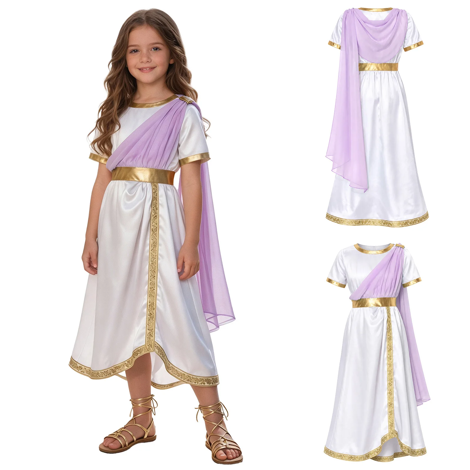 Kids Girls Ancient Greek Goddesses Costume Short Sleeve Satin Roman Toga Dress Worship Choir Robe for Halloween Carnival Cosplay